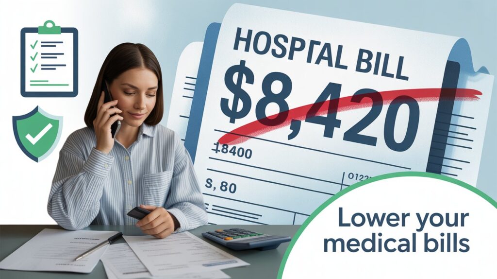 Person negotiating a medical bill over the phone with a calculator and payment plan on the table, while a large hospital bill amount is crossed out or reduced, symbolizing medical debt negotiation and payment strategy.